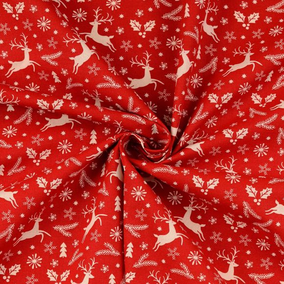 Baumwolle "Weihnachten/Hirsch/Zweige" (rot-offwhite)