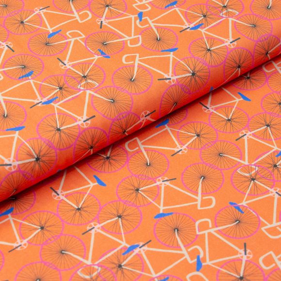 Coton bio "Moody Sunday/Crazyride - Vélos" (orange-bleu/pink/beige) de Paintbrush Studio Fabrics