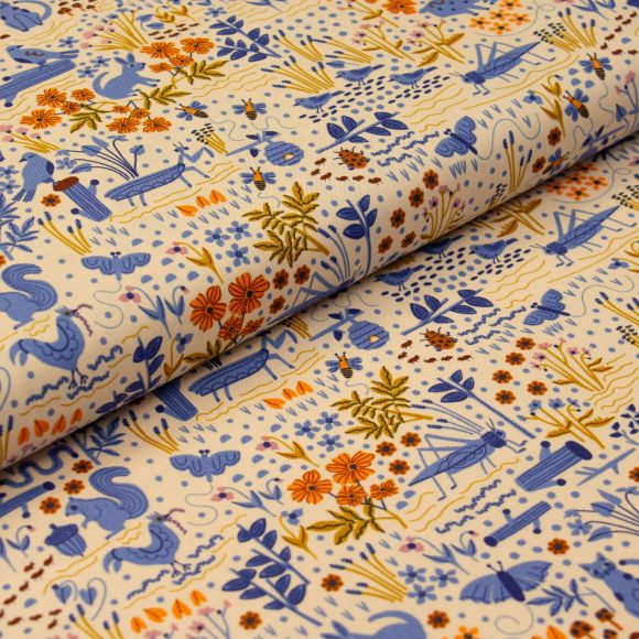 Bio-Baumwolle "Furrow/Garden friends" (hellbeige-blau/orange) von Cloud9 Fabrics