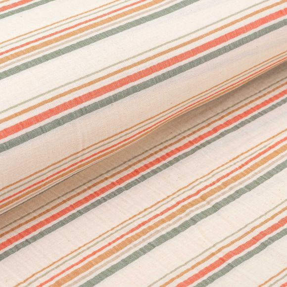 Double Gauze Baumwolle "Rustic Stripes" (ecru-koralle/orangebraun/khaki)