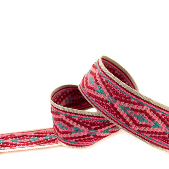 Gurtband "Ethno Raute" 40 mm (beige-neonpink/bordeaux/smaragd)