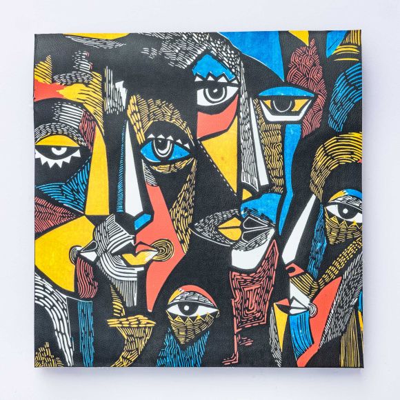 Kunstleder Nappa Panel "Arty - surreale Gesichter" 44 x 44 cm (schwarz-gelb/blau)
