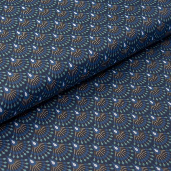 Toile cirée - coton enduit "Plumes de paon/éventail" (bleu nuit-beige/blanc)
