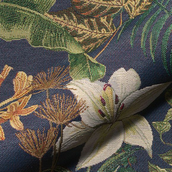 Jacquard Gobelin Baumwolle “Dschungel" (blau-vert/vanille)