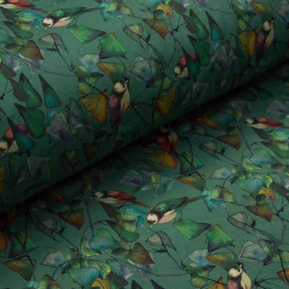 Jersey de coton bio "Ginkgo Birds-feuilles/oiseaux" (vert-multicolore) de C. PAULI