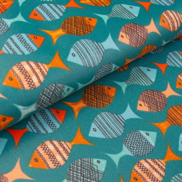Canevas de coton - enduit "Aquarium/poissons" (vert pétrole-orange/bleu clair) de Prestigious Textiles