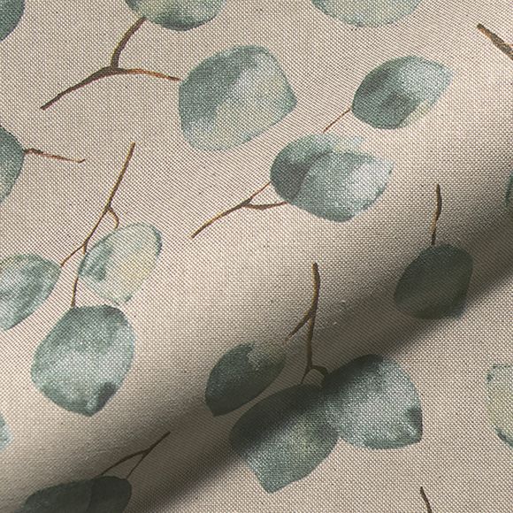 Canevas de coton "Aspect lin - Feuilles d'eucalyptus à l'aquarelle" (nature-vert/blanc)