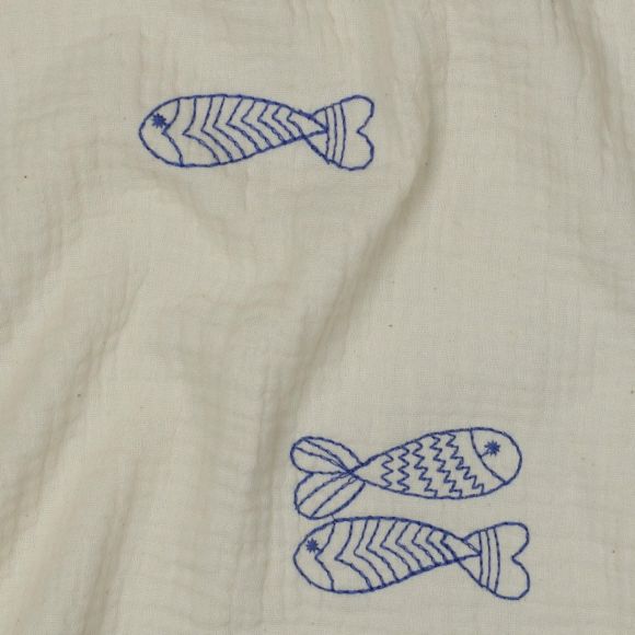 Double Gauze Baumwolle - bestickt "Fische" (creme-blau)