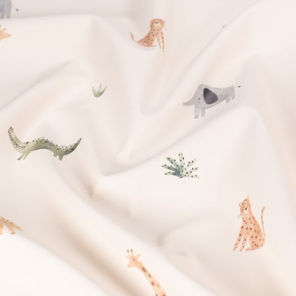 Tissu pour vêtements de pluie - imperméable "Rain Protect - Animaux safari" (beige clair-gris/jaune moutarde)