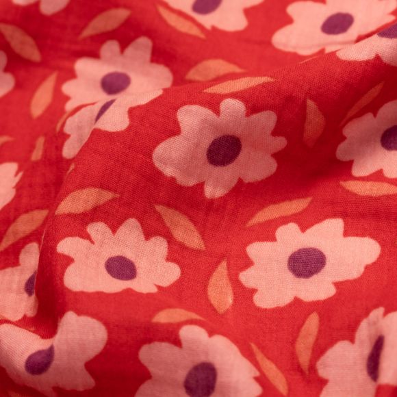 Double Gauze Baumwolle "Maxi Blumen" (rot-hellrosa/violett)
