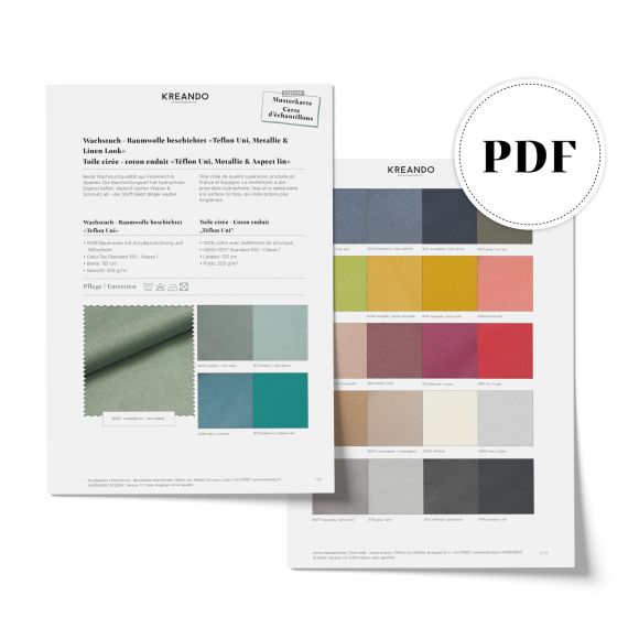 PDF Musterkarte - Wachstuch - Baumwolle beschichtet "Teflon Uni, Metallic & Linen Look" von KREANDO (Freebook)