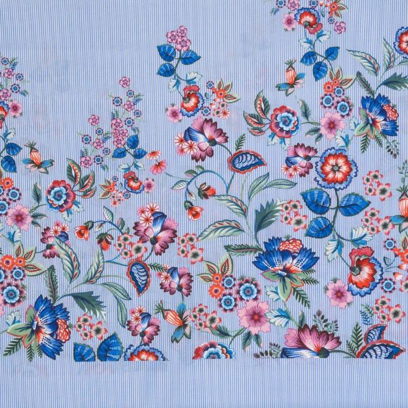 Batiste de coton - panneau "Rayures et fleurs" (bleu/blanc-multicolore)