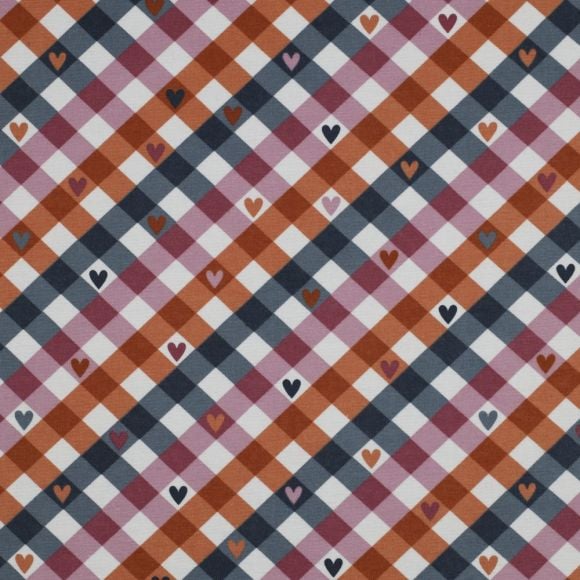 Flanell Baumwolle "Karo/Herz" (weiss/blaugrau/altrosa/rostorange)