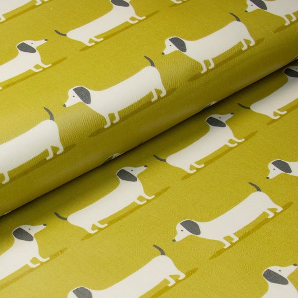 Canvas Baumwolle - beschichtet "Dackel/Hound Dog" (senfgelb-offwhite) von Fryett's Fabrics