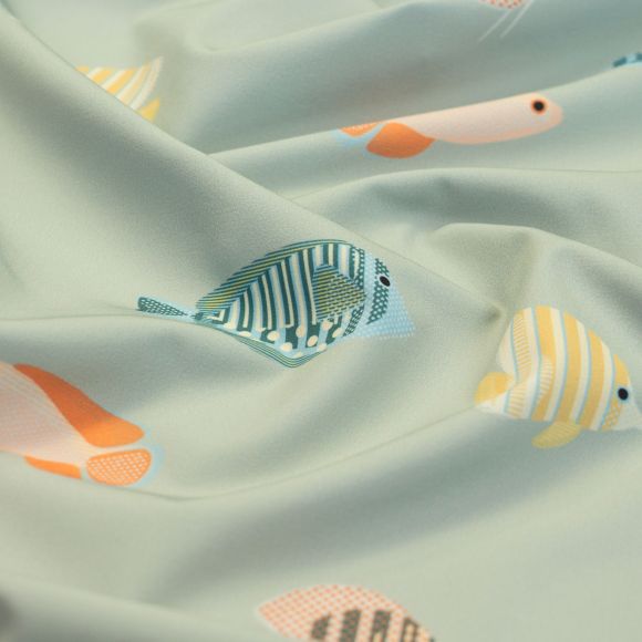 Tissu pour shorts de bain/Microfibre "Tropical Poisson" (vert pastel-orange/jaune/bleu)