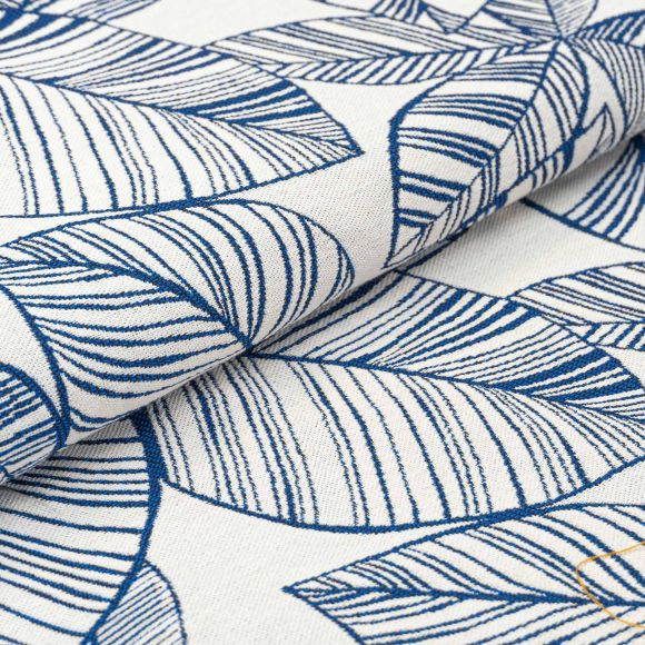 Tissu de décoration - jacquard de coton "Feuilles" (offwhite-bleu)