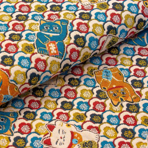 Jacquard "Maneki-Neko/Katze" (hellgelb-bunt/gold)