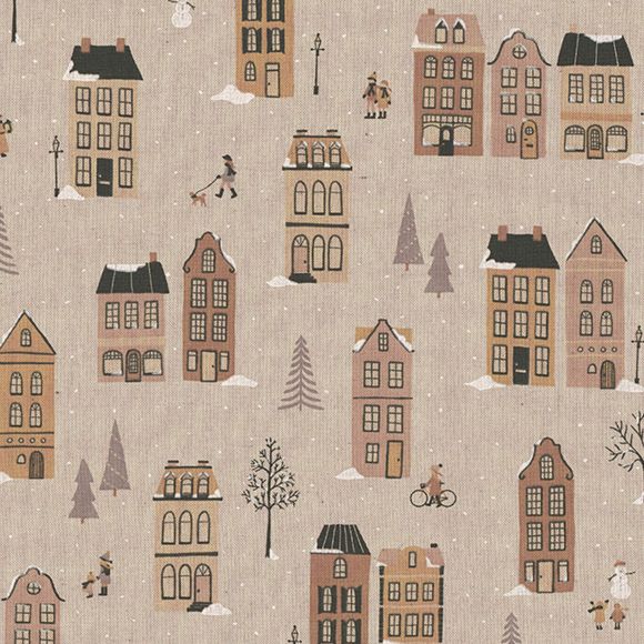 Canvas Baumwolle "Linen Look - Stadt im Winterkleid" (natur-braun/grau)