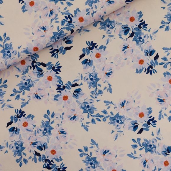Twill/gabardine de coton "Beach Rose - cloud white" (écru-bleu/orange) de See You at Six