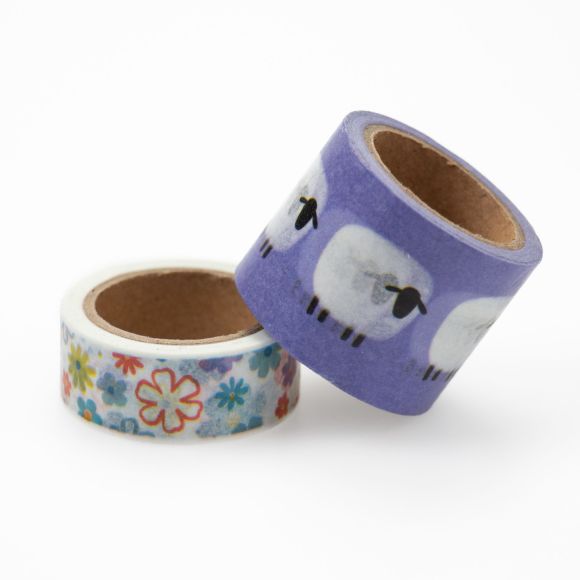 Masking tape "Mouton/fleurs" - lot de 2, 15/30 mm (indigo/blanc/multicolore)