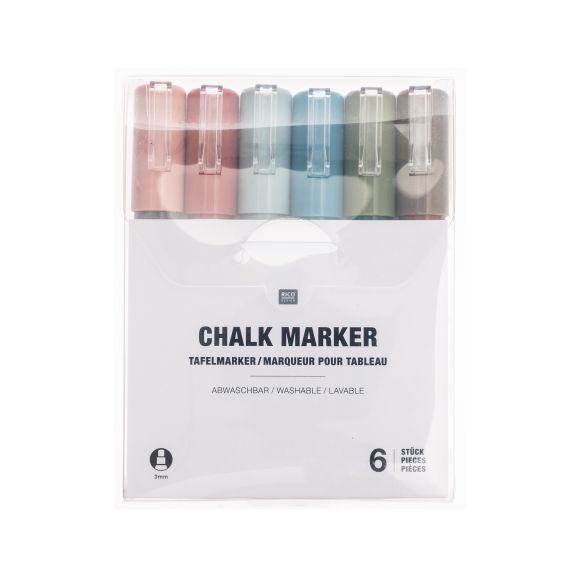 Marqueur craie "Window chalk - couleurs terre" 3 mm, lot de 6 pces (rose/bleu/olive) de RICO DESIGN