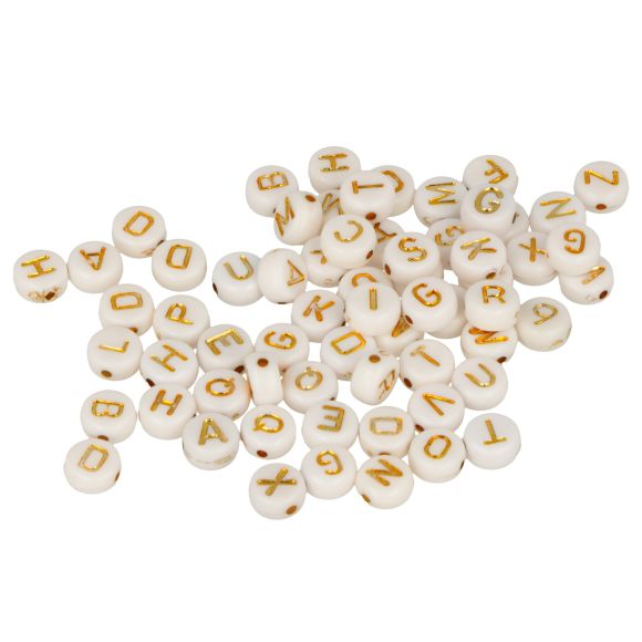 Perles en plastique lettres/alphabet "A-Z", lot de 300 (blanc-doré)