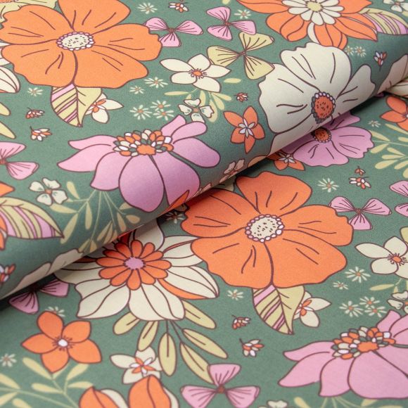 Wachstuch - Baumwolle beschichtet "Maxi Blumen" (grün-orange/hellbeige/rosa)