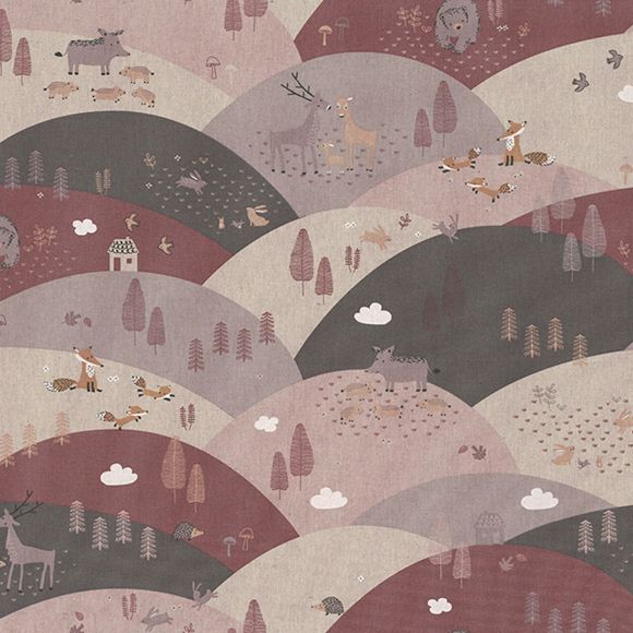 Canvas Baumwolle "Linen Look - Tiere in den Bergen" (natur-rosa/graulila)