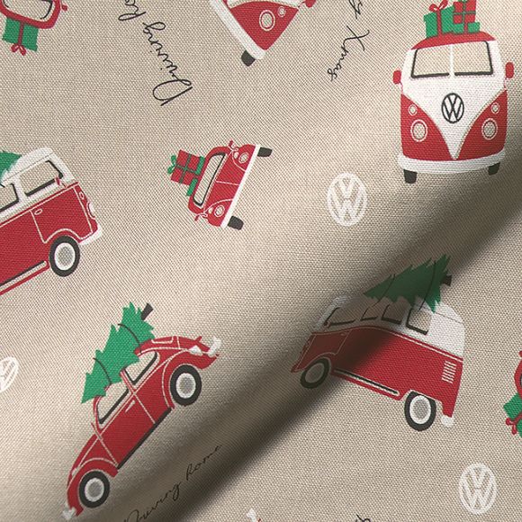 Tissu de Noël en coton "Linen Look - bus VW" "nature-rouge/blanc/vert)
