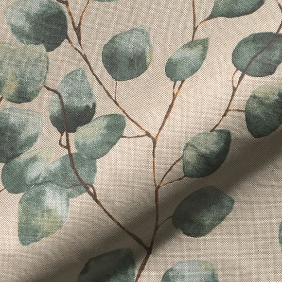 Canevas de coton - enduit "Aspect lin - Eucalyptus à l'aquarelle" (nature-pétrole/blanc)
