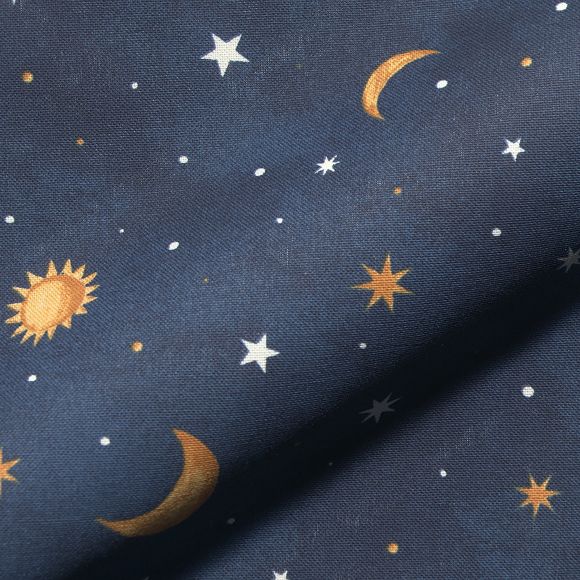 Canvas Baumwolle - nachtleuchtend "Sonne, Mond & Sterne" (dunkelblau-senfgelb/weiss)