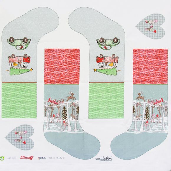 Canevas coton bio panel "Bas du Père Noël de Susalabim" (gris-rouge/vert) de lillestoff