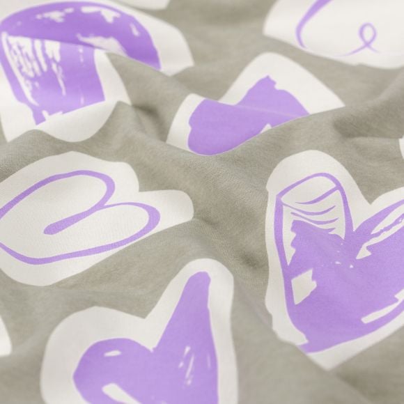 Sweat d'été en coton - french terry "Maxi Cœurs" (gris-écru/violet)