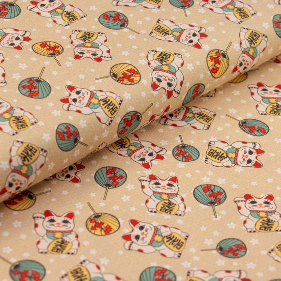 Baumwolle "Kimonos & Koi/Lucky Cat" (beige-rot/altmint) von Paintbrush Studio Fabrics