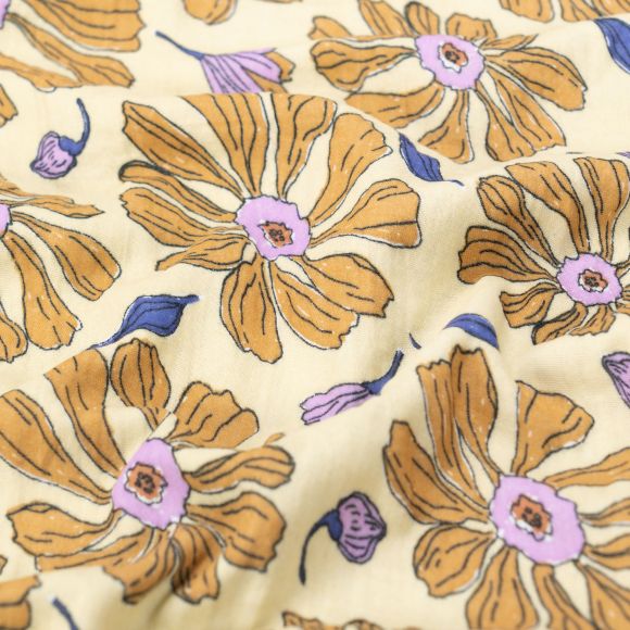 Double Gauze Baumwolle "Blumen/Blüten" (vanille-hellbraun/lila/violett)