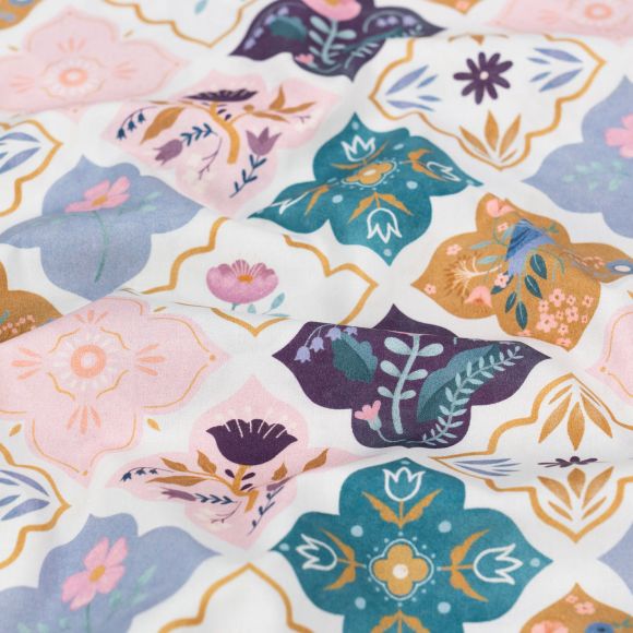 Popeline Baumwolle "Ornamente/Vögel/Blumen" (offwhite-bunt)