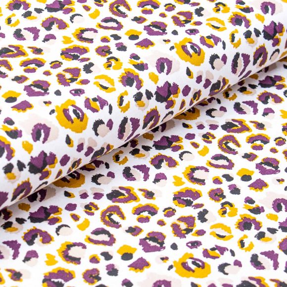 Wachstuch - Baumwolle beschichtet "Teflon Leopard" (offwhite-violet/senfgelb)