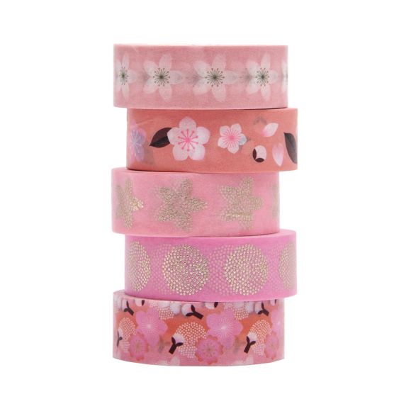 Masking tape "Sakura - fleurs de cerisier" - lot de 5 (rose-blanc/doré) de RICO DESIGN