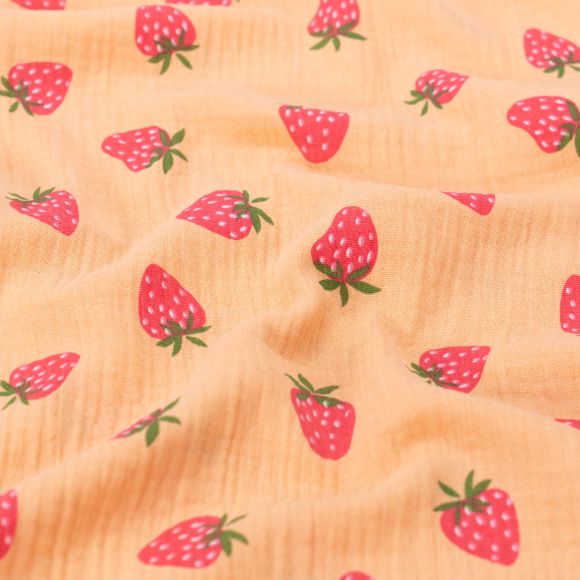 Double Gauze Baumwolle "Erdbeeren" (blassorange-pink/grün/weiss)