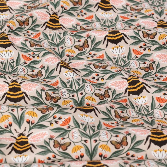 Tissu en coton bio "Honey Garden - Bee-utiful/tan" (beige-vert/orange/jaune) de Cloud9 Fabrics