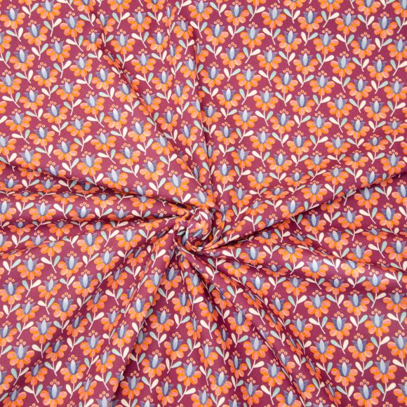 Popeline de coton "Emilie/fleurs rétro" (prune-orange/bleu) de hilco