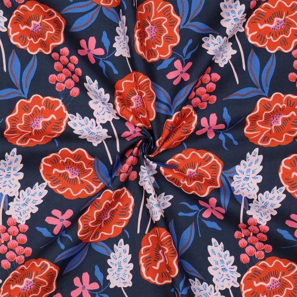 Popeline Baumwolle "Fresh Flowers" (dunkelblau-orange/rosa/pink) von Nerida Hansen