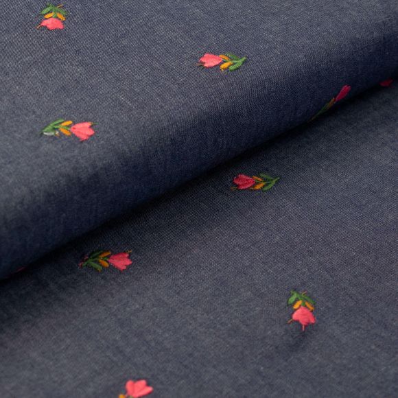 Tissu jean - chambray en coton brodé "Denim tulipes" (bleu foncé-rose/vert)
