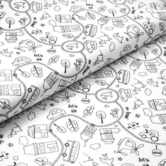 Tissu à colorier - coton "Circulation routière" (blanc-noir)