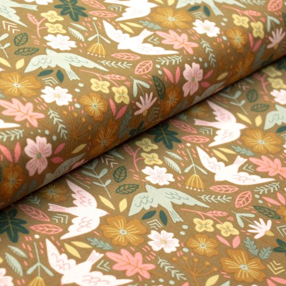 Velours côtelé fin coton "Hirondelles & fleurs" (beigeasse-multicolore pastel)