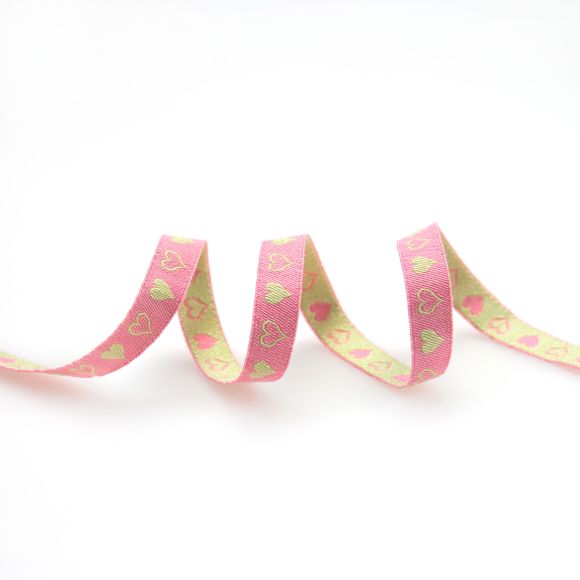 Ruban tissé coton "Petits cœurs" 10 mm (rose-vert pastel) de C.PAULI