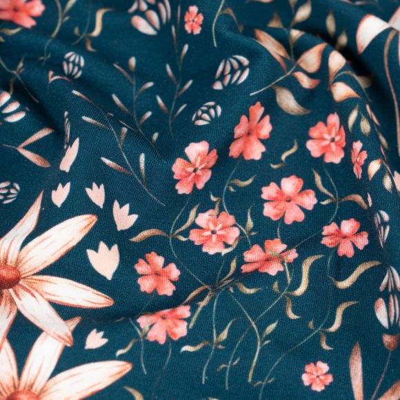 Sommersweat Baumwolle - French Terry "Autumn Meadows/Blumenwiese" (dunkelpetrol-beige/rosa/rost) von SWAFING