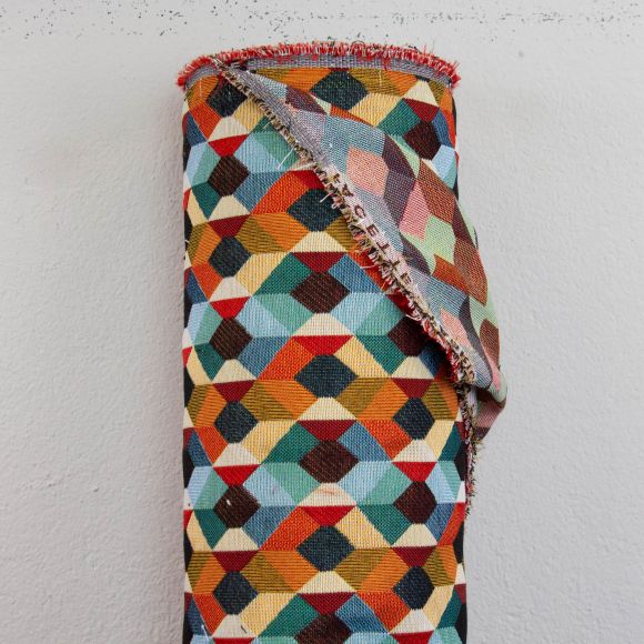 Jacquard Mischgewebe "Hexagon/Diamond" (petrol/orange/offwhite)