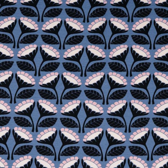 Sommersweat Baumwolle - French Terry "Retro/Blumen" (blau-schwarz/rosa/weiss)