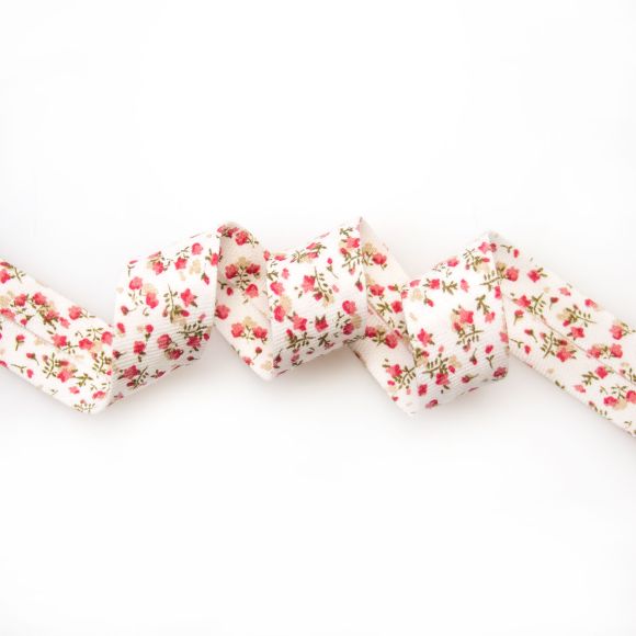 Biais coton bio "Fleurs" 20 mm (blanc-framboise)